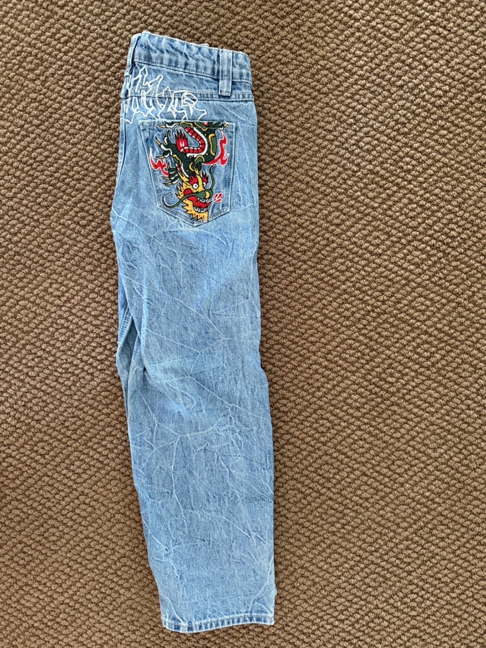 Light Wash Ambush brand Denim Jeans with Embroidered Dragon Patch